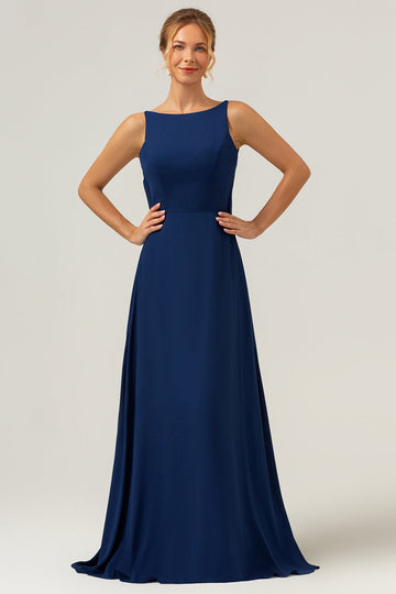 Vestido largo de dama de honor de gasa sin espalda de sirena azul marino